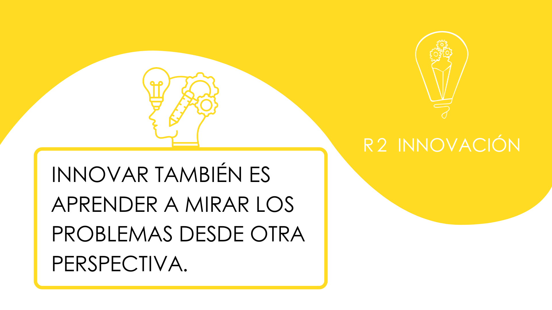El logo de R2 Innovación en sus colores corprorativos, con la frase clave de la publicación: Innovar también es aprender a mirar los problemas desde otra perspectiva.